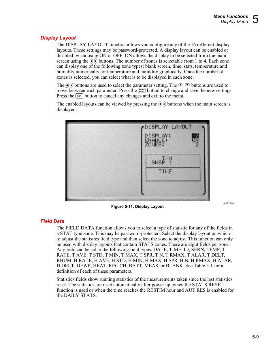 Display layout, Field data | Fluke 5020A User Manual | Page 45 / 142