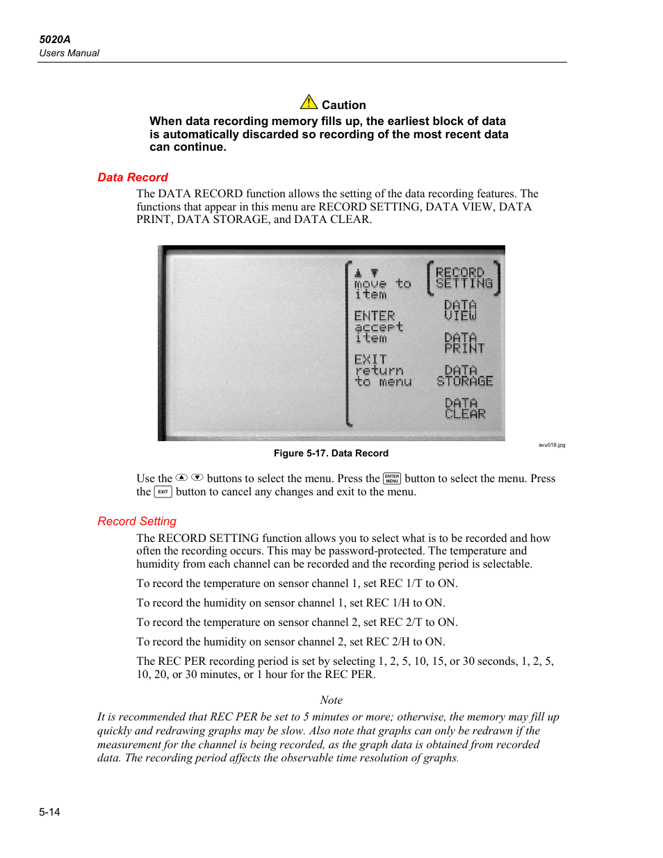 Data record, Record setting | Fluke 5020A User Manual | Page 50 / 142