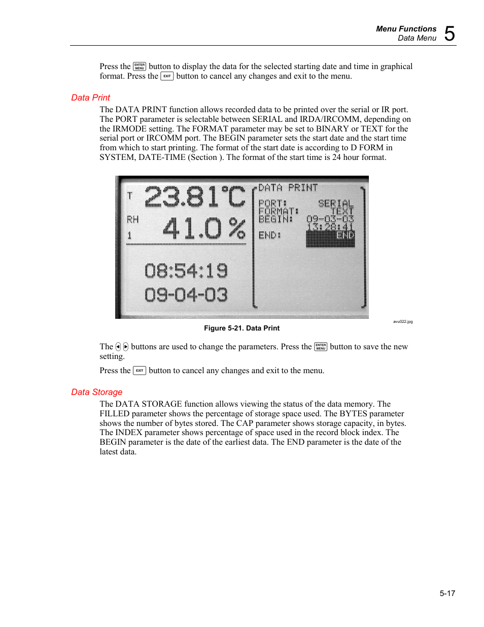 Data print, Data storage | Fluke 5020A User Manual | Page 53 / 142