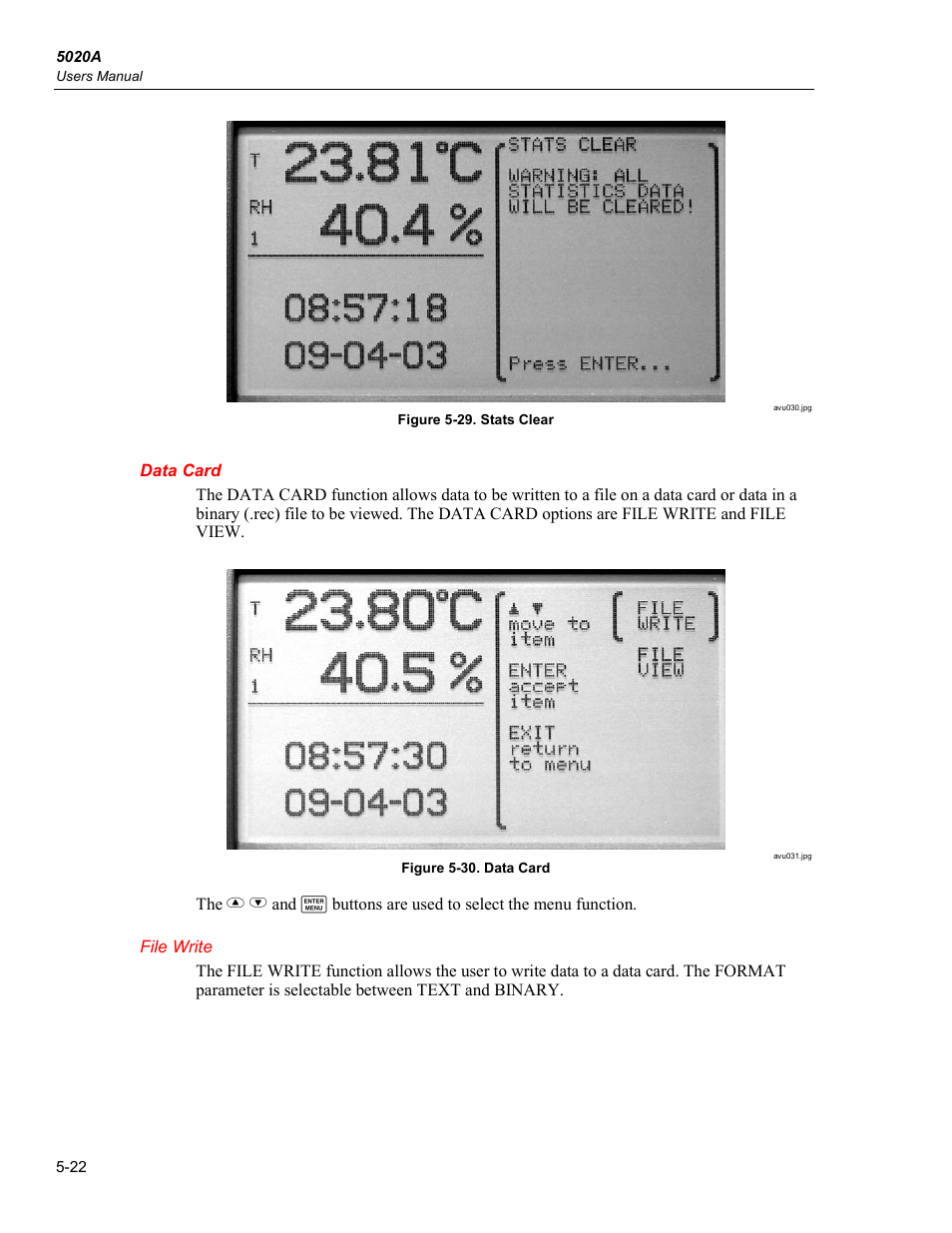 Data card, File write | Fluke 5020A User Manual | Page 58 / 142