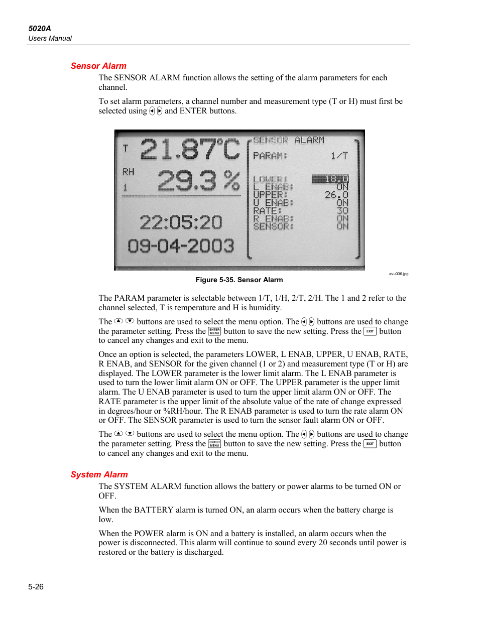 Sensor alarm, System alarm | Fluke 5020A User Manual | Page 62 / 142