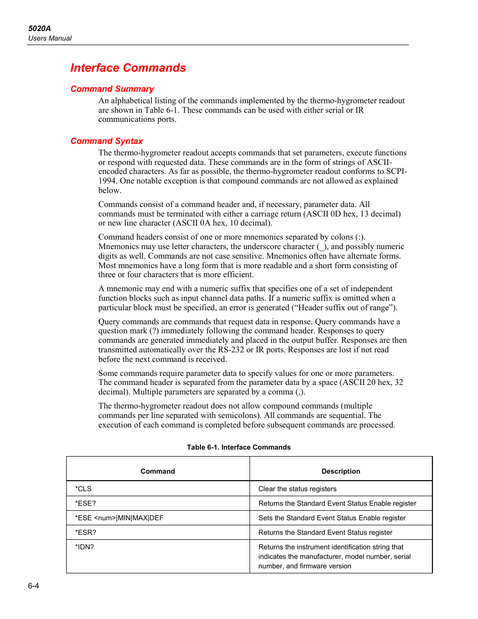 Interface commands, Command summary, Command syntax | Fluke 5020A User Manual | Page 74 / 142