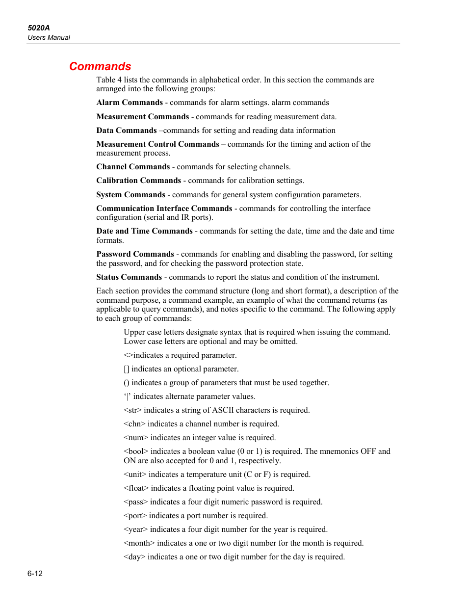 Commands | Fluke 5020A User Manual | Page 82 / 142