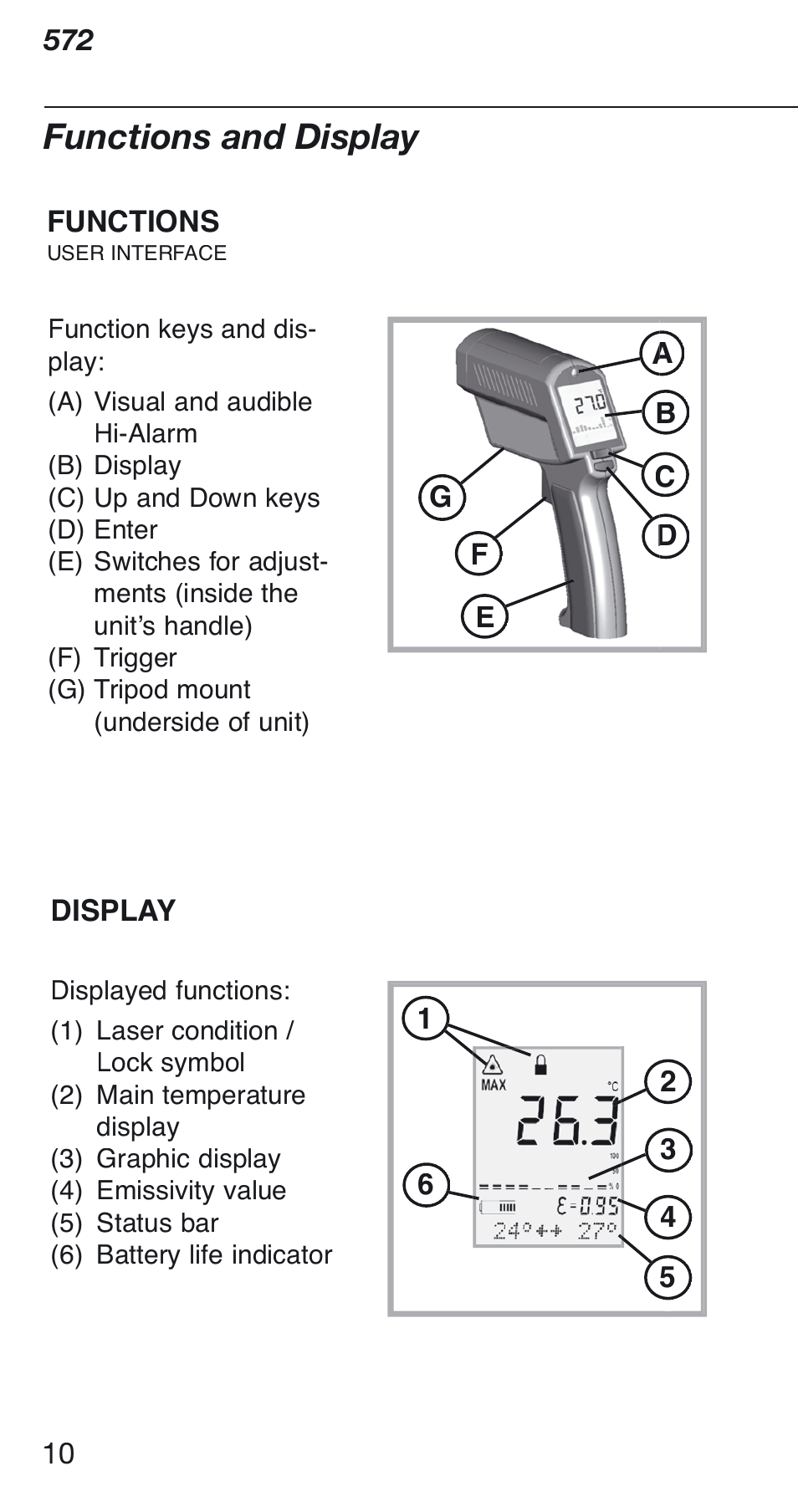 Functions and display | Fluke 572 User Manual | Page 10 / 22