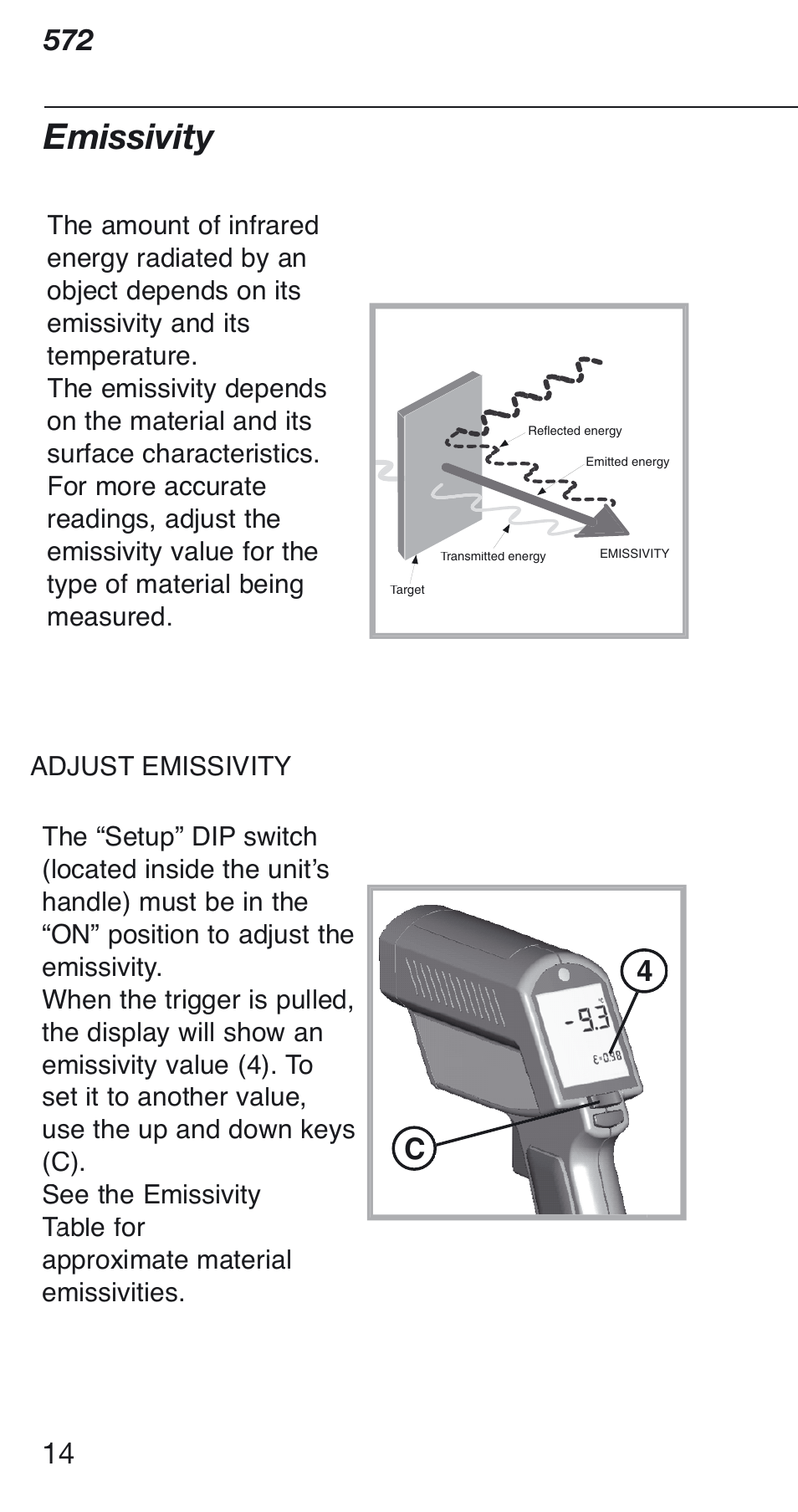 Emissivity | Fluke 572 User Manual | Page 14 / 22