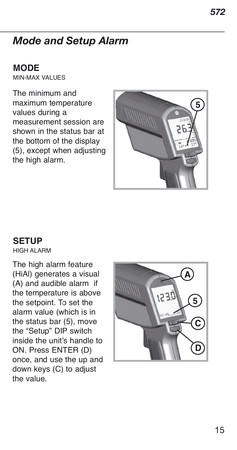 Mode and setup alarm | Fluke 572 User Manual | Page 15 / 22