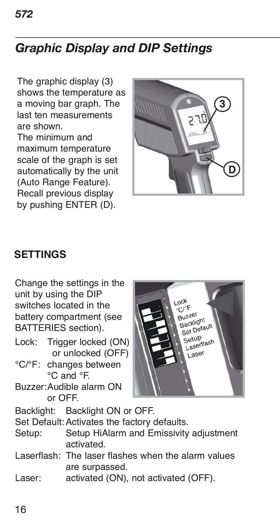 Graphic display and dip settings | Fluke 572 User Manual | Page 16 / 22