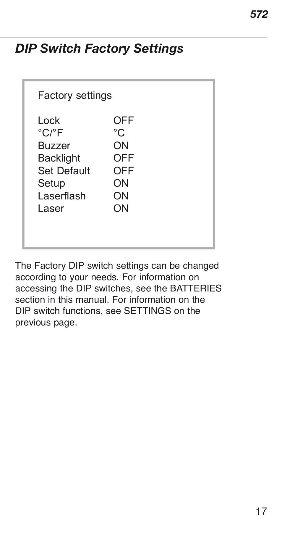 Dip switch factory settings | Fluke 572 User Manual | Page 17 / 22