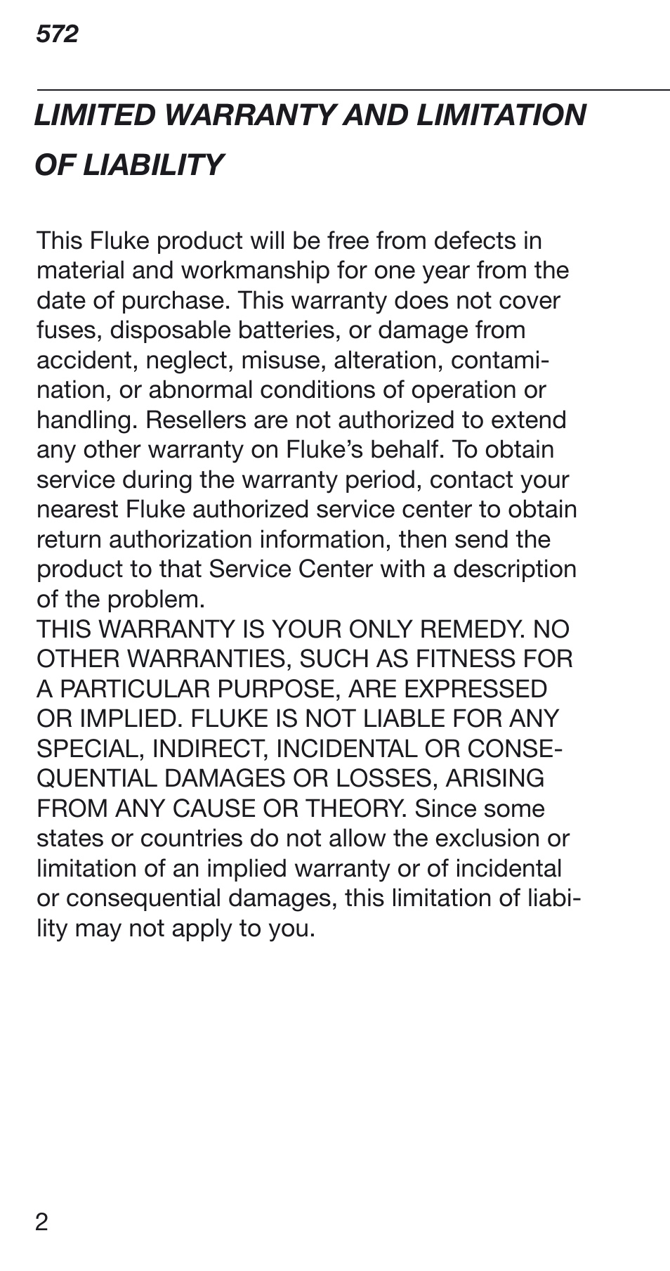 Limited warranty and limitationof liability, Limited warranty and limitation of liability | Fluke 572 User Manual | Page 2 / 22