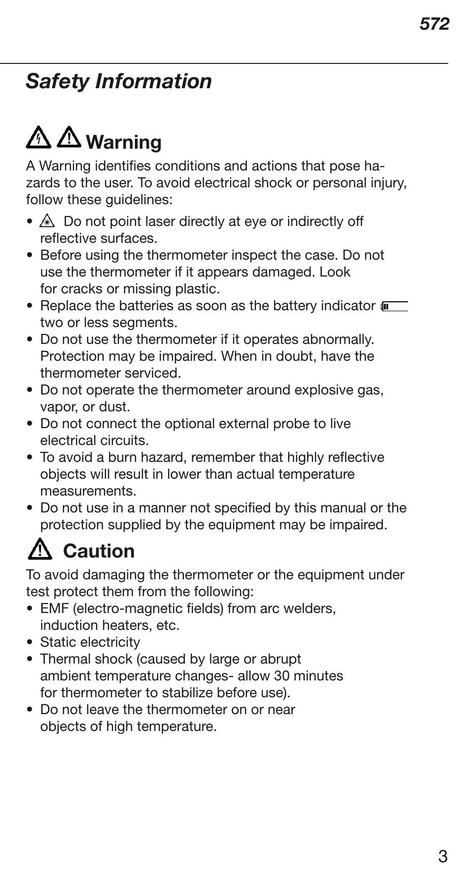 Safety information, Warning, Caution | Fluke 572 User Manual | Page 3 / 22