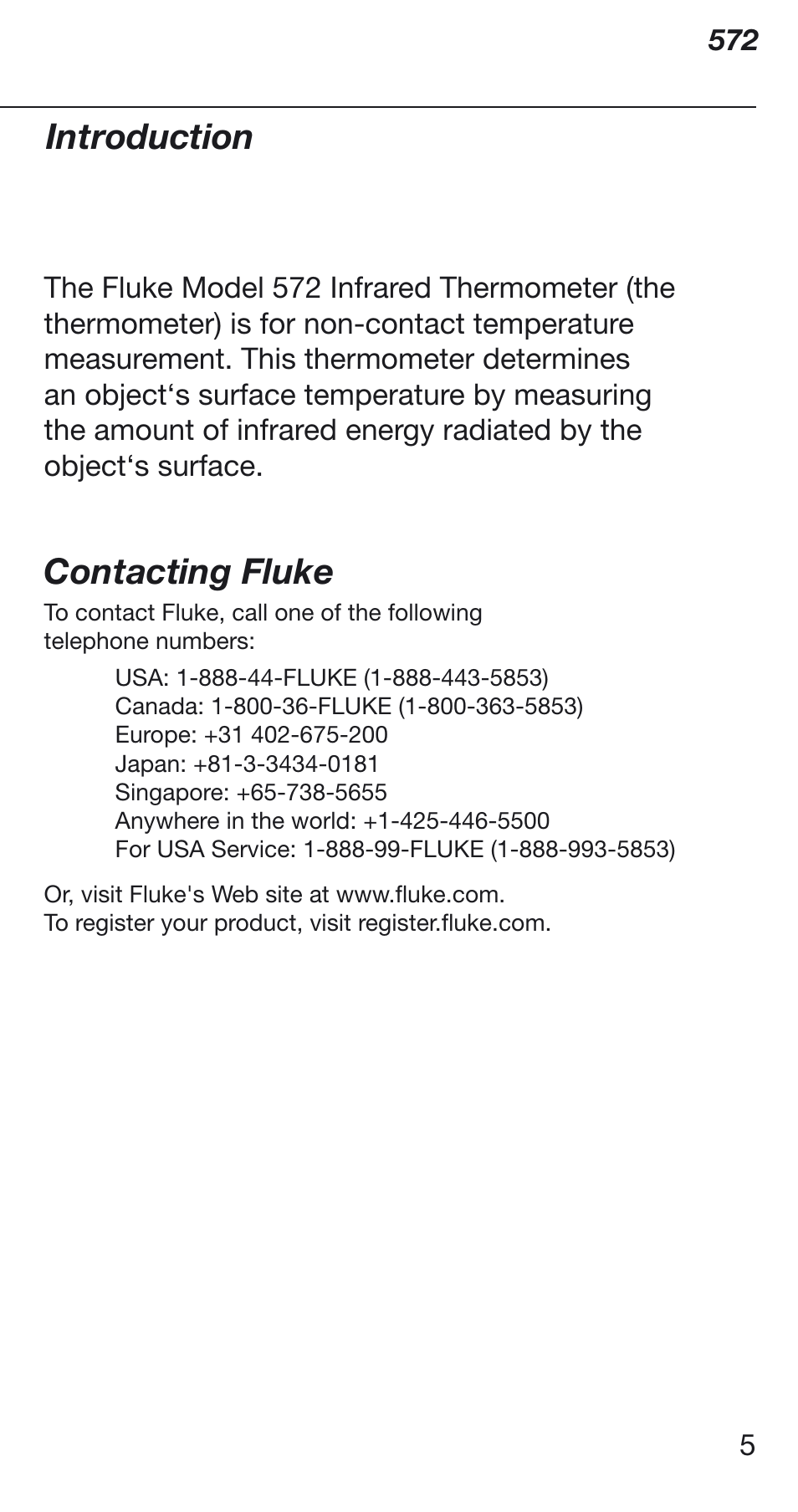 Introduction, Contacting fluke | Fluke 572 User Manual | Page 5 / 22