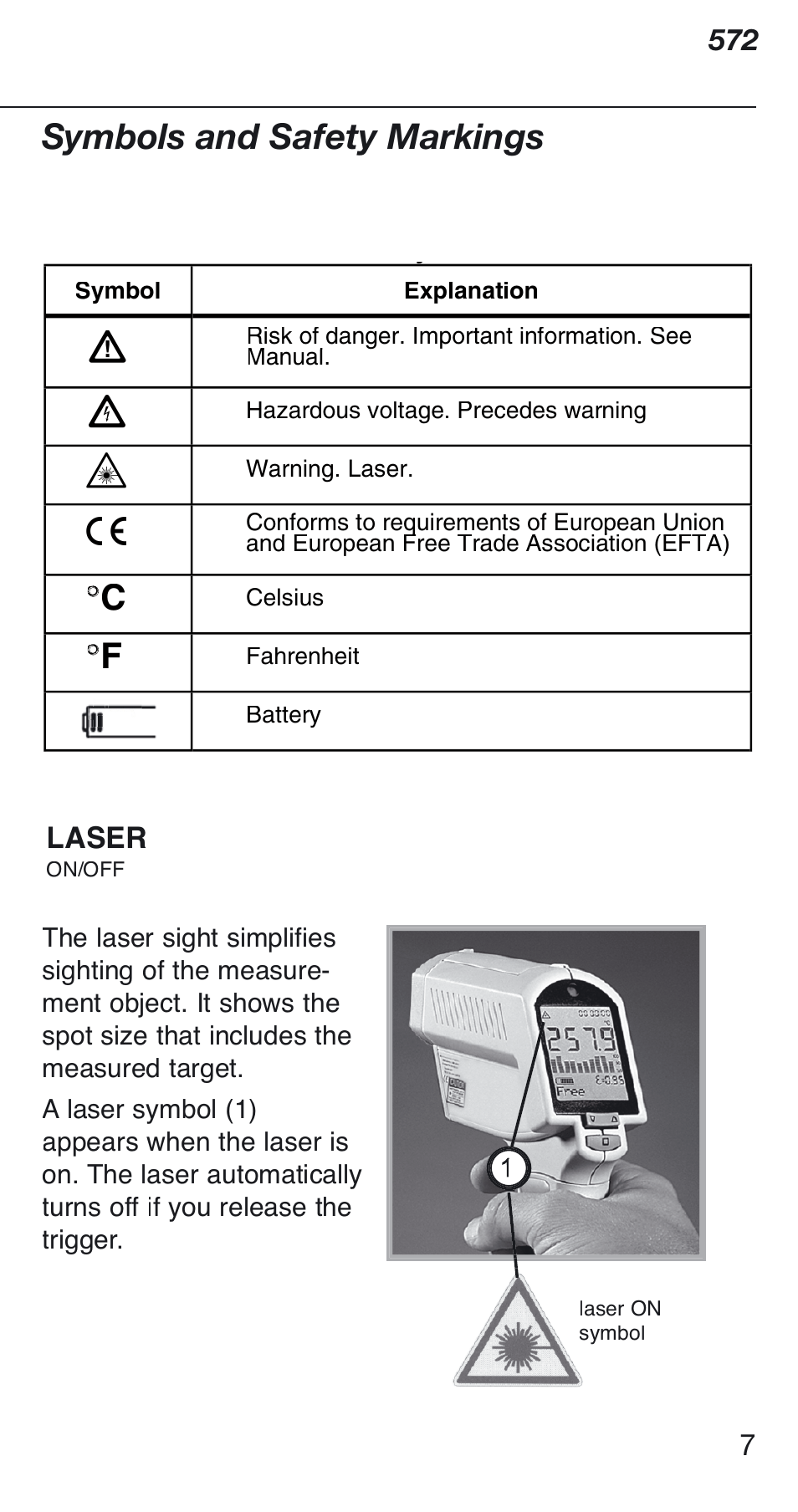 Symbols and safety markings | Fluke 572 User Manual | Page 7 / 22