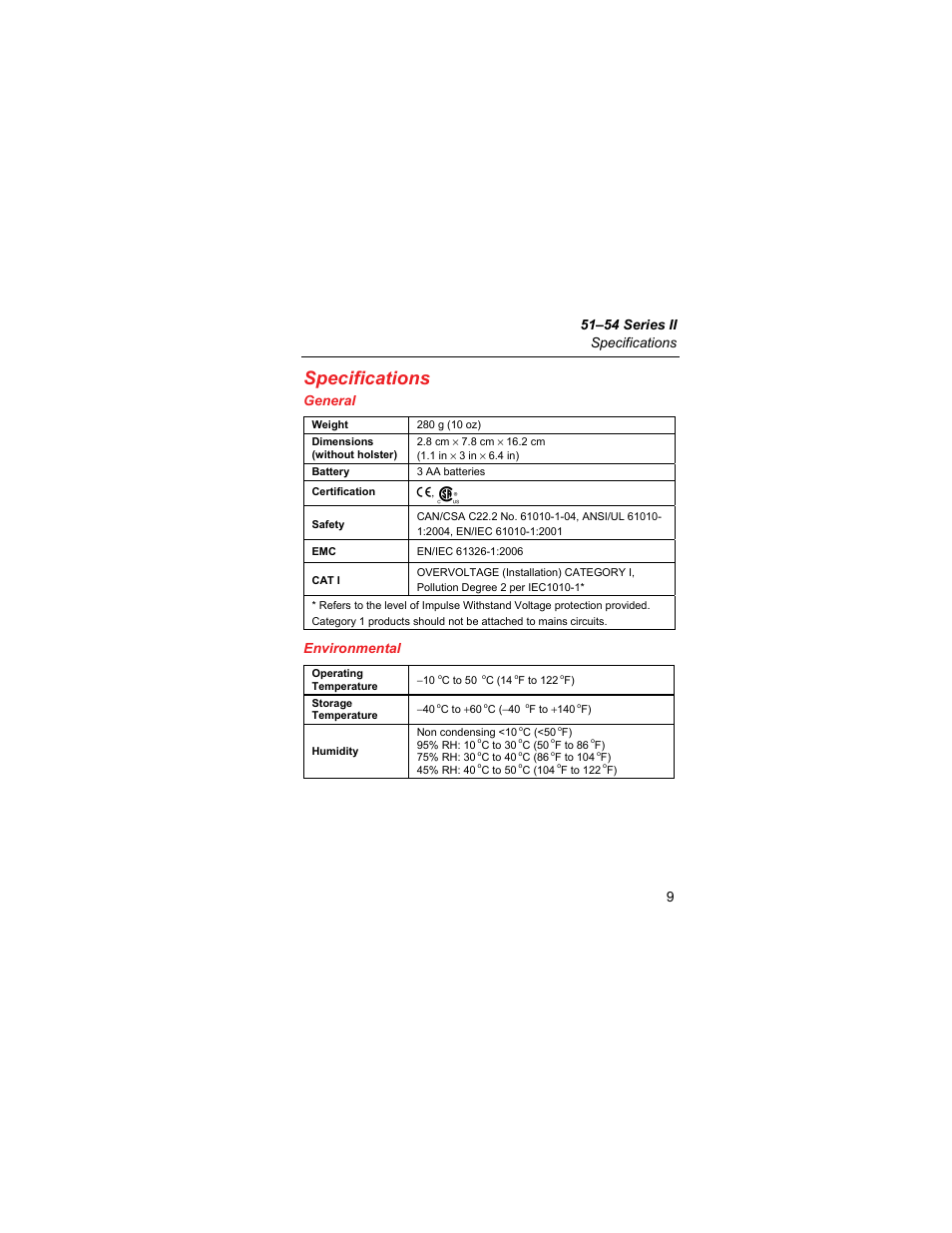 Specifications, General, Environmental | Fluke SERIES II 51 User Manual | Page 11 / 12