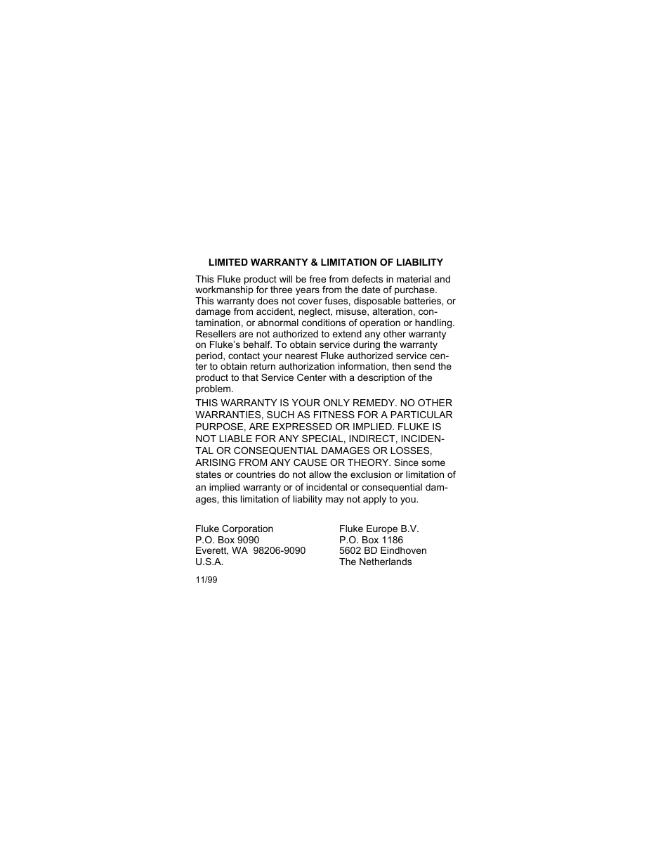 Warranty | Fluke SERIES II 51 User Manual | Page 2 / 12