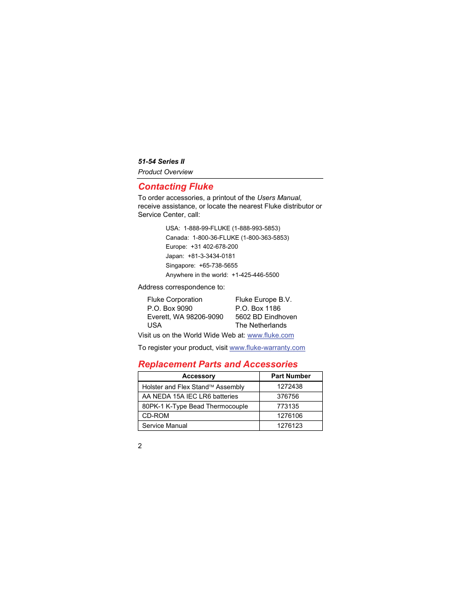 Contacting fluke, Replacement parts and accessories | Fluke SERIES II 51 User Manual | Page 4 / 12
