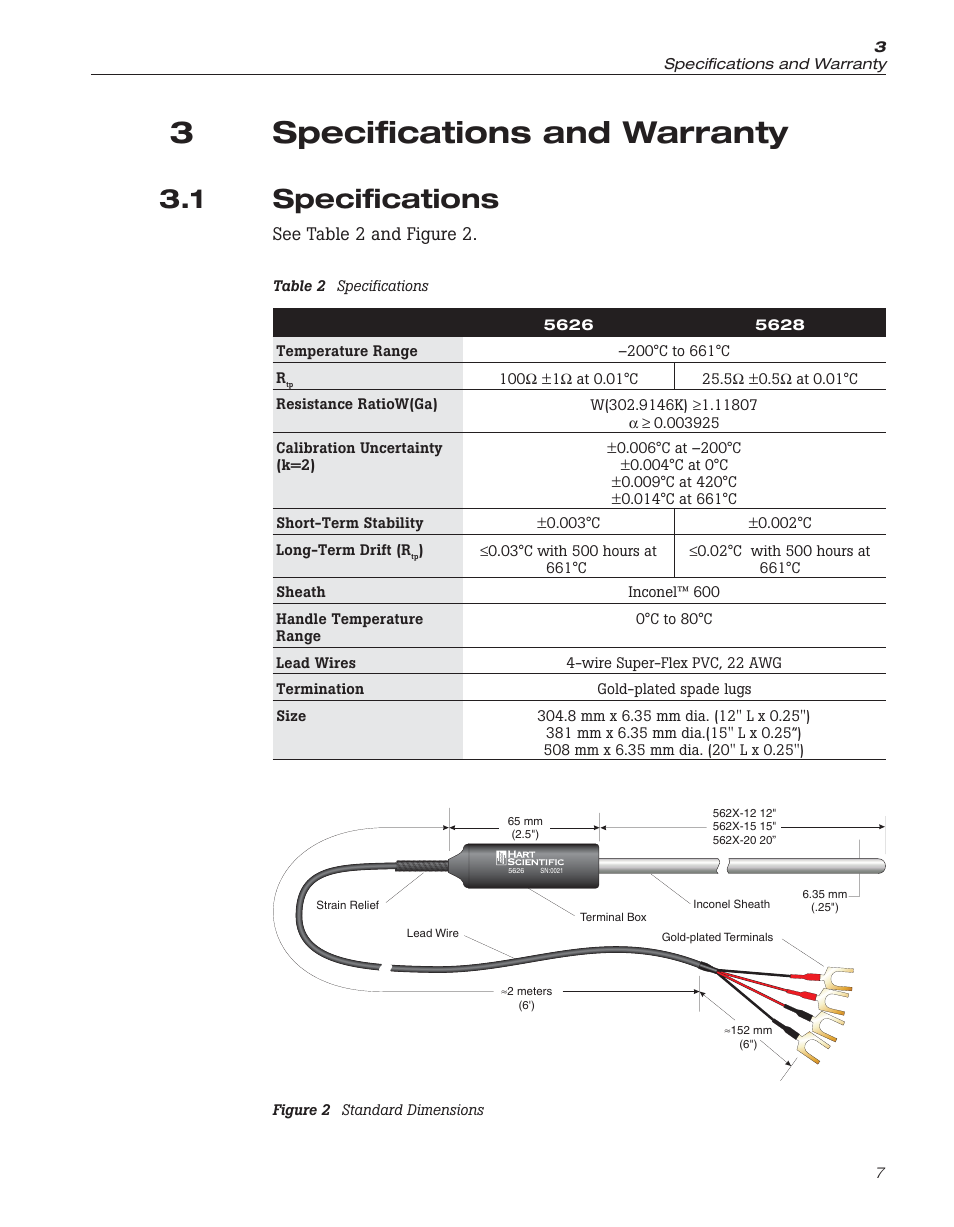 3 specifications and warranty 7, 1 specifications 7, Figure 2 standard dimensions 7 | Table 2 specifications 7, 3 specifications and warranty, Specifications, Figure 2, Standard dimensions, Table 2, 3specifications and warranty | Fluke 5626/5628 User Manual | Page 13 / 22