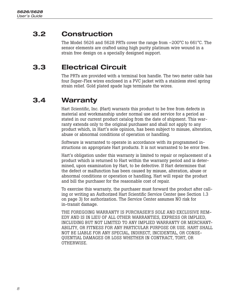 2 construction 8, 3 electrical circuit 8, 4 warranty 8 | Construction, Electrical circuit, Warranty, 2 construction, 3 electrical circuit, 4 warranty | Fluke 5626/5628 User Manual | Page 14 / 22