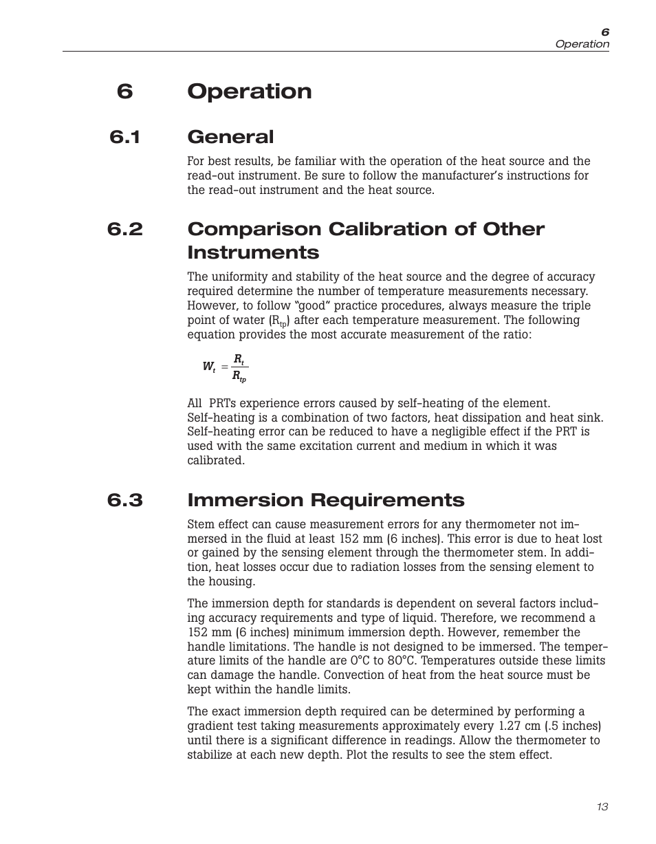 6 operation 13, 1 general 13, 2 comparison calibration of other instruments 13 | 3 immersion requirements 13, 6 operation, General, Comparison calibration of other instruments, Immersion requirements, 6operation, 1 general | Fluke 5626/5628 User Manual | Page 18 / 22