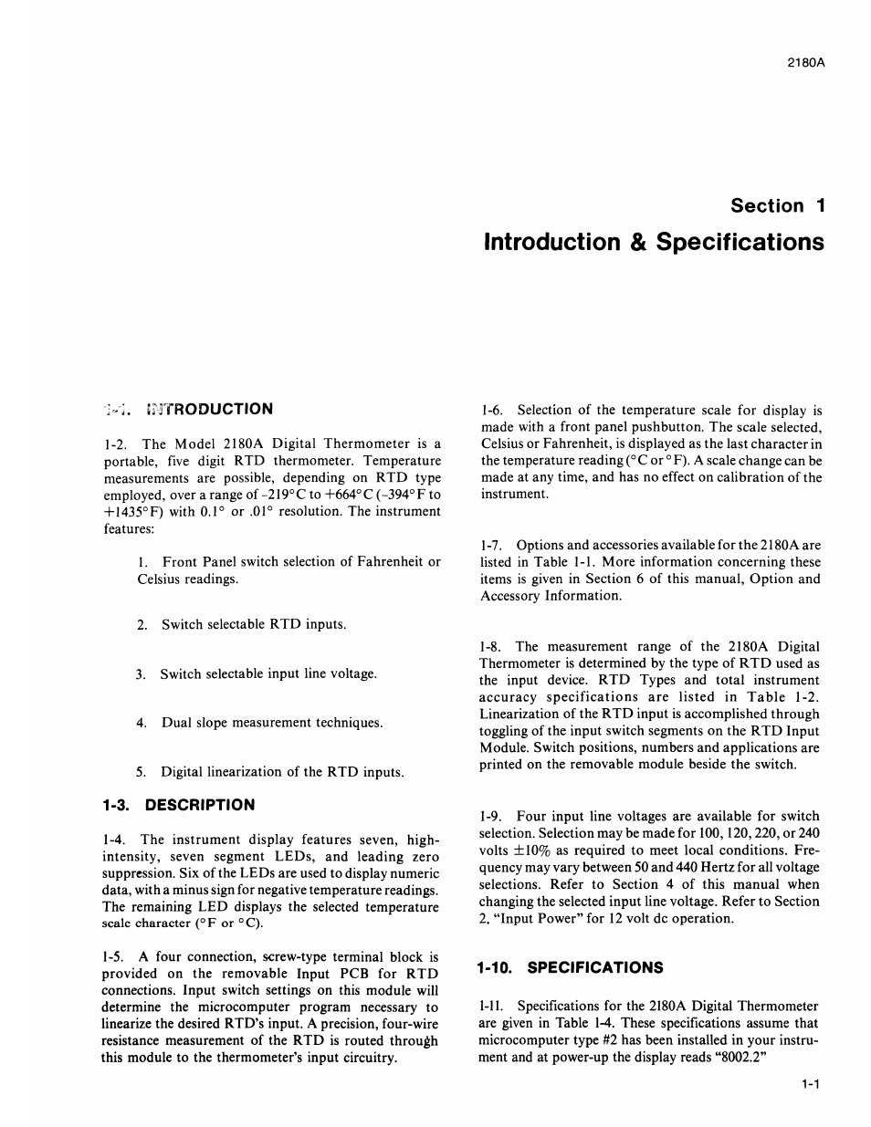 Introduction & specifications, Si^troduction, 3. description | 10. specifications, Introduction and specifications -1, Description -1, Introduction -1 | Fluke 2180A User Manual | Page 13 / 116