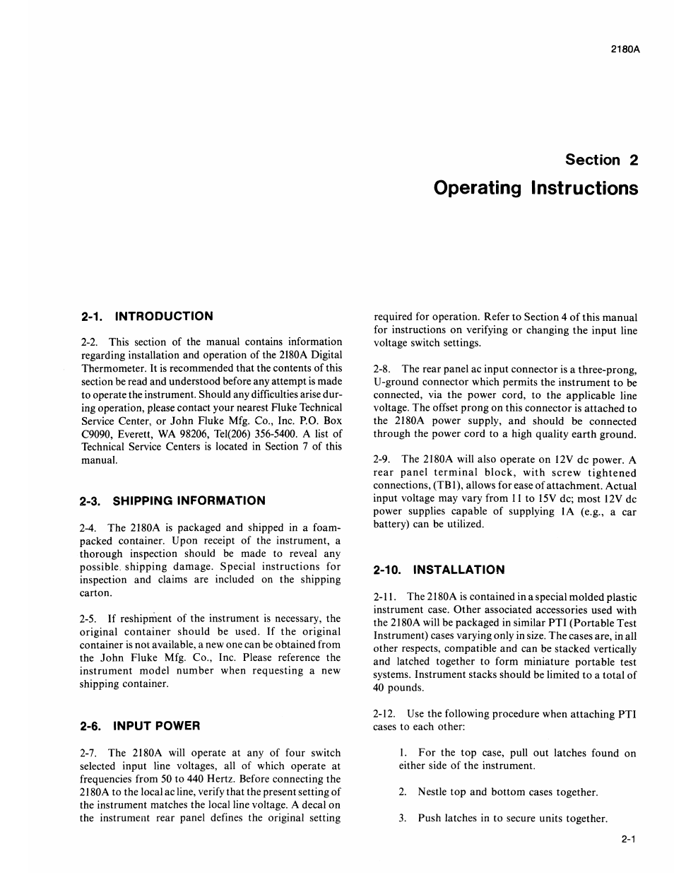 Operating instructions, 1. introduction, 3. shipping information | 6. input power, 10. installation, Operating instructions -1, Shipping information -1, Rtd installation -4, 1. introduction -1, Input power -2 | Fluke 2180A User Manual | Page 17 / 116