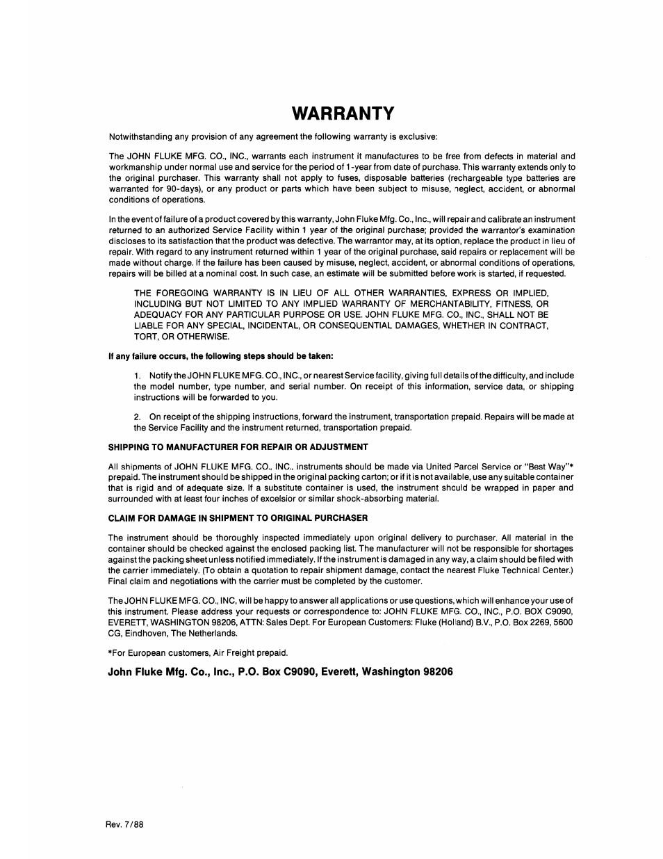 Warranty | Fluke 2180A User Manual | Page 2 / 116