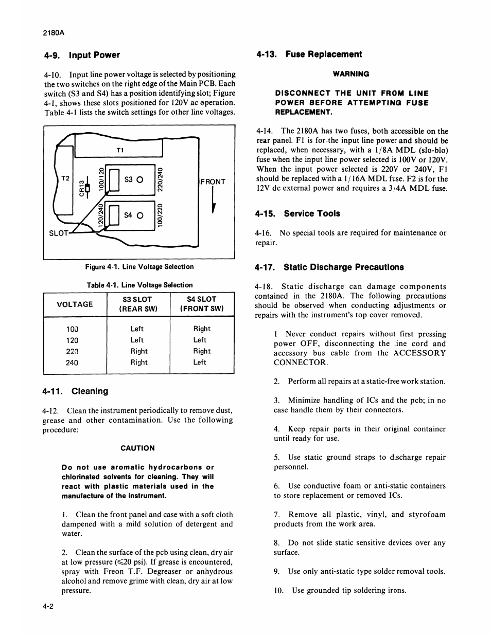 9. input power, 11. cleaning, 13. fuse replacement | 15. service tools, 17. static discharge precautions, Input power -1, Cleaning -2, Fuse replacement -2, Service tools -2, Static discharge precautions -2 | Fluke 2180A User Manual | Page 32 / 116