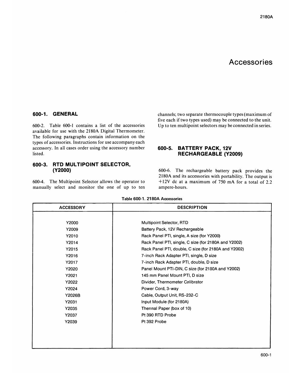 1. general, 3. rtd multipoint selector, (y2000), 5. battery pack, 12v | Rechargeable (y2009), Accessories | Fluke 2180A User Manual | Page 51 / 116
