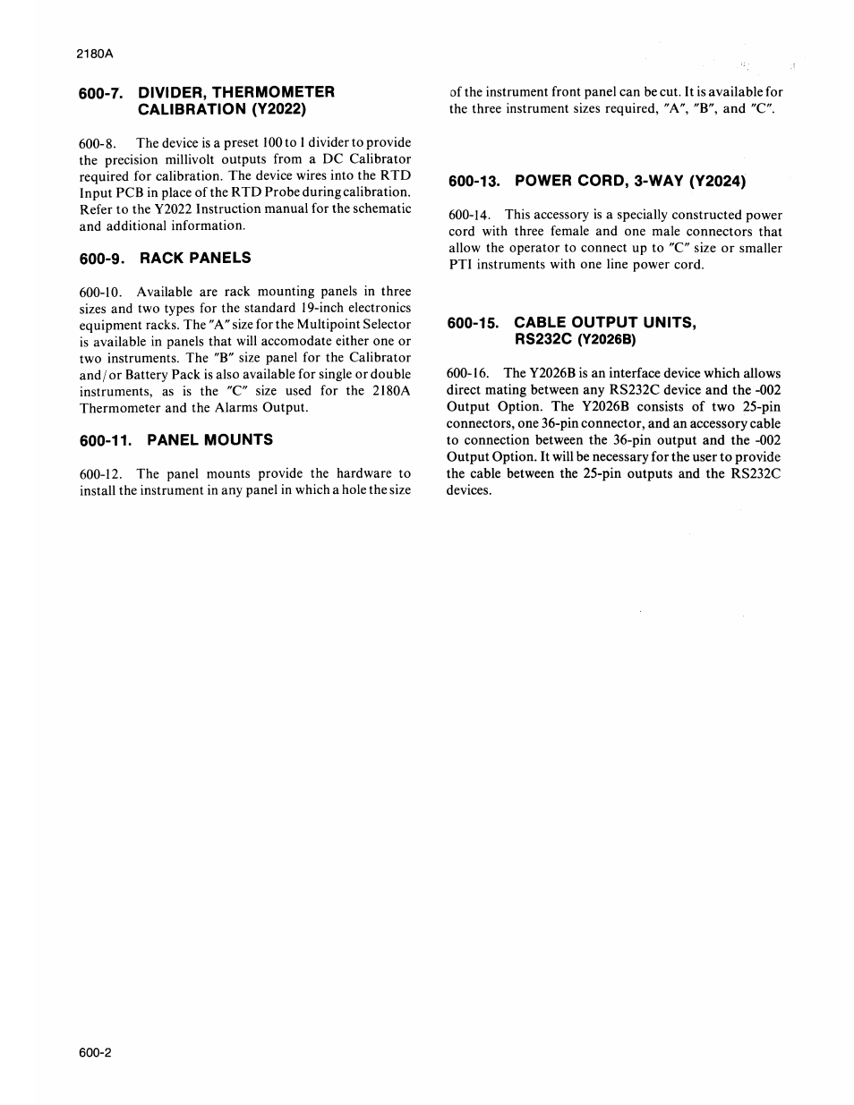7. divider, thermometer calibration (y2022), 9. rack panels, 11. panel mounts | 13. power cord, 3-way (y2024), 15. cable output units, Rs232c (y2026b) | Fluke 2180A User Manual | Page 52 / 116