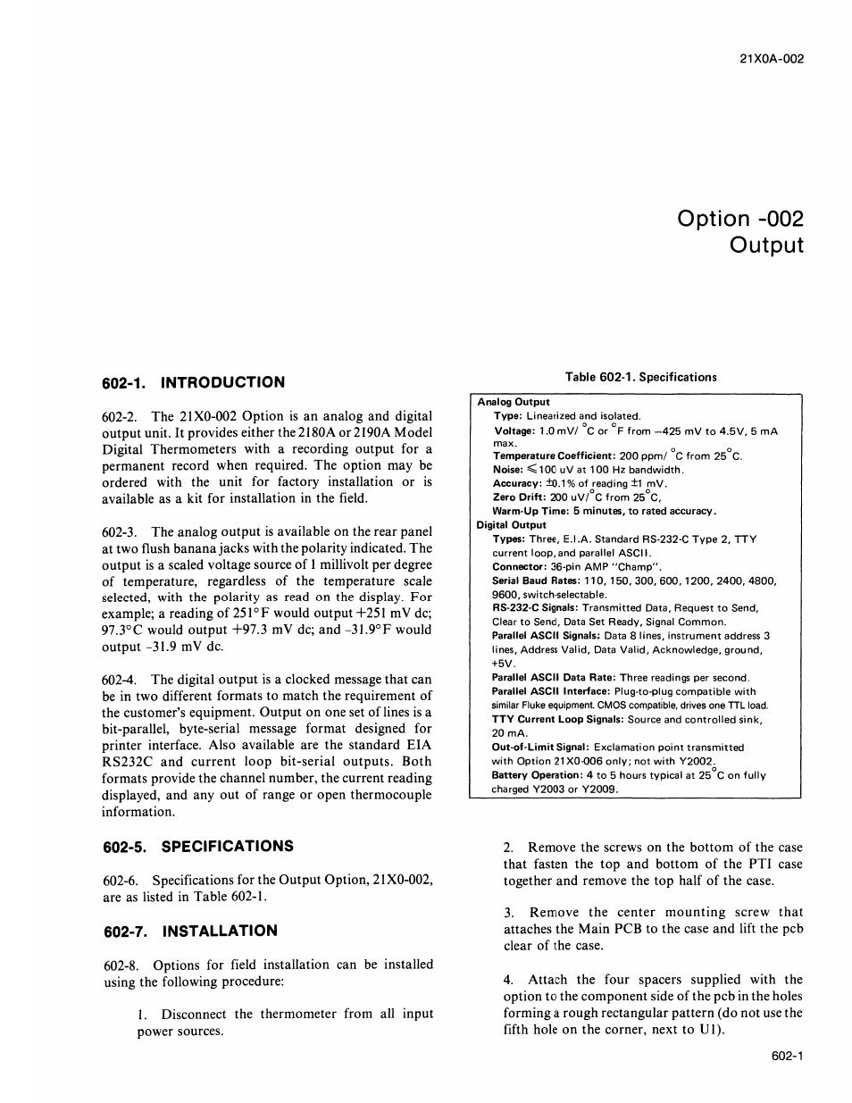 1. introduction, 5. specifications, 7. installation | Introduction -2, Option -002 output | Fluke 2180A User Manual | Page 53 / 116