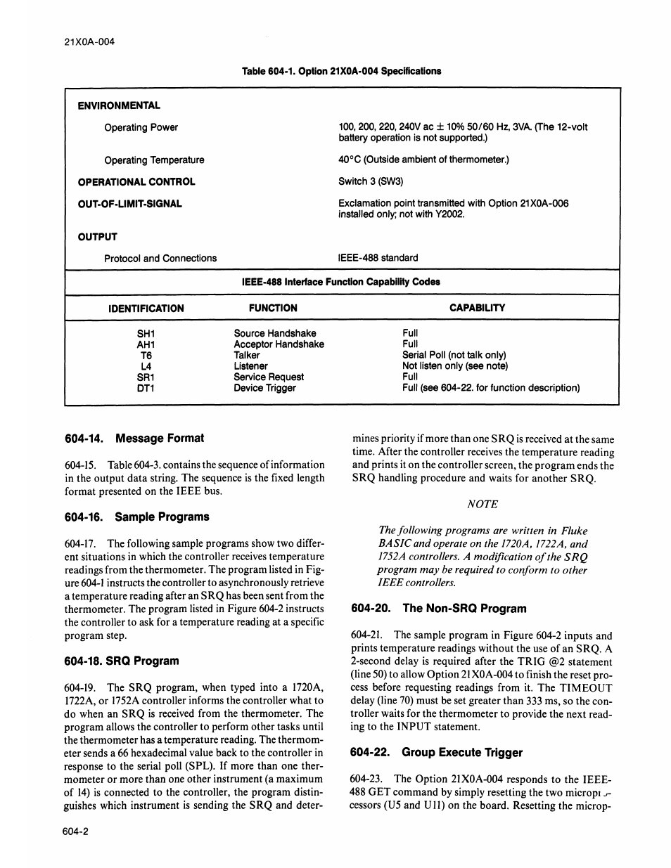 14. message format, 16. sample programs, 18. srq program | 20. the non-srq program, 22. group execute trigger | Fluke 2180A User Manual | Page 68 / 116