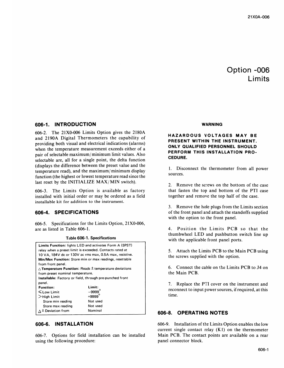 1. introduction, 4. specifications, 8. operating notes | 6. installation, Operating notes -4, Option -006 limits | Fluke 2180A User Manual | Page 75 / 116