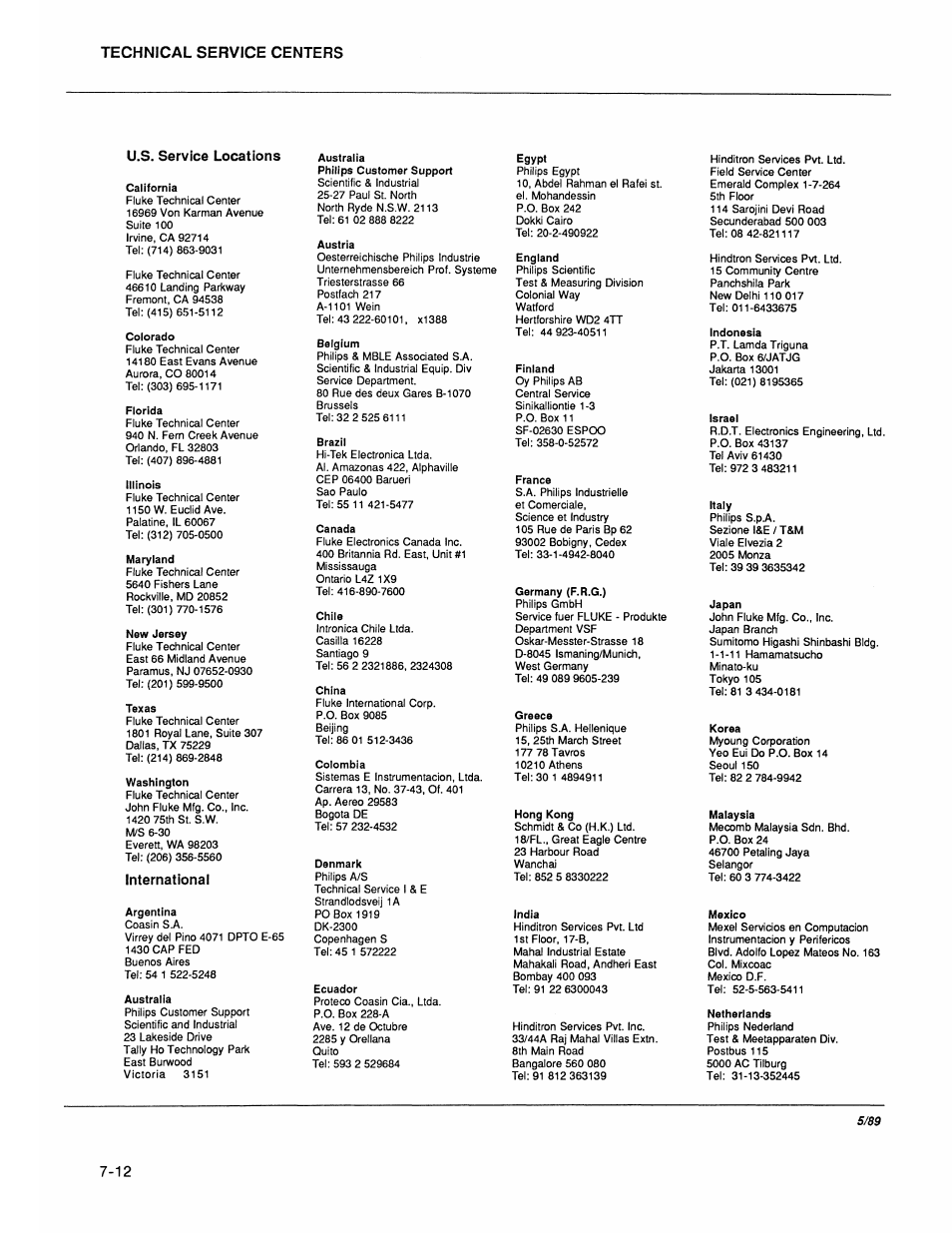 Technical service centers | Fluke 2180A User Manual | Page 92 / 116