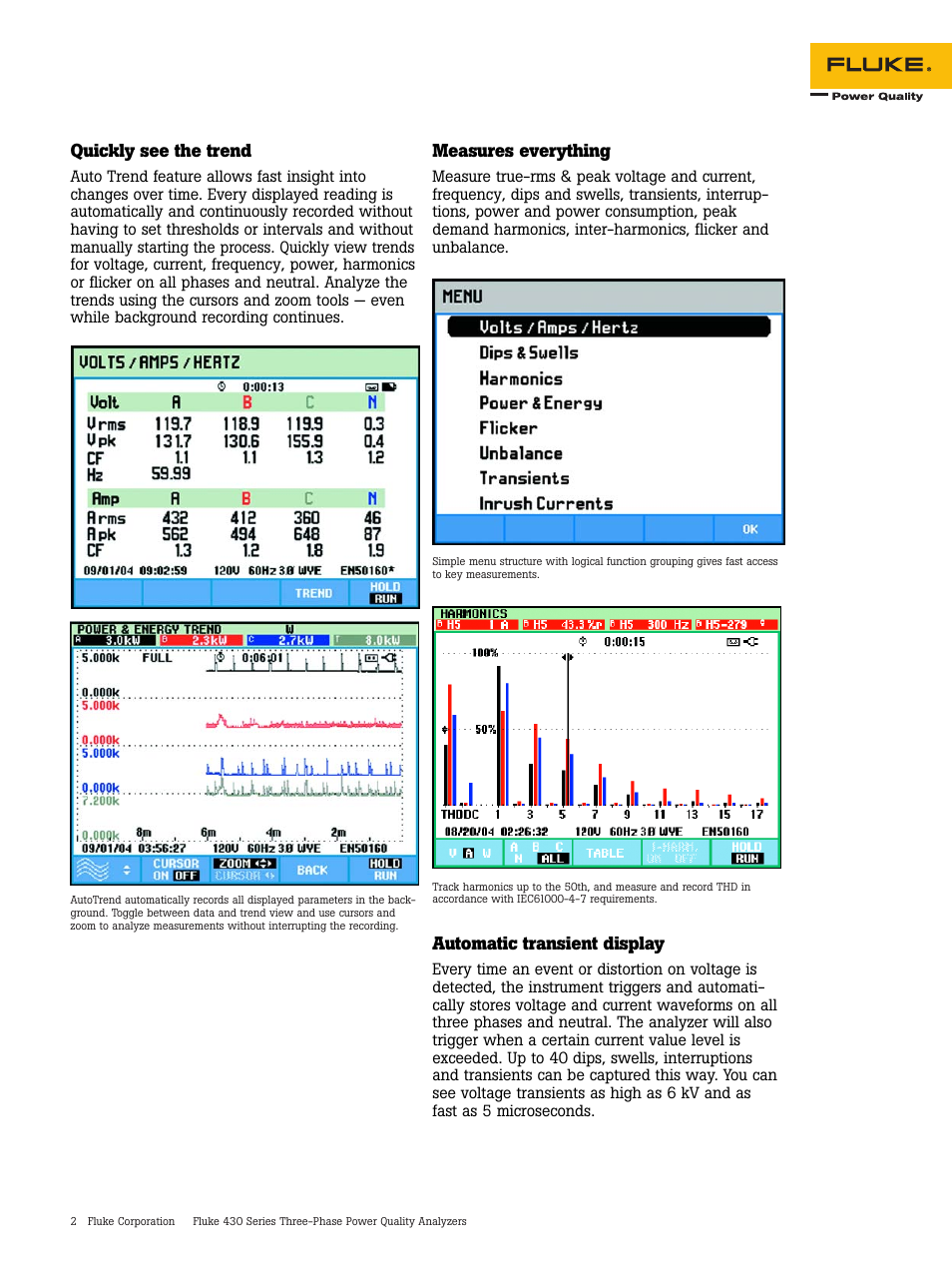 Measures everything, Automatic transient display, Quickly see the trend | Fluke 430 Series User Manual | Page 2 / 8
