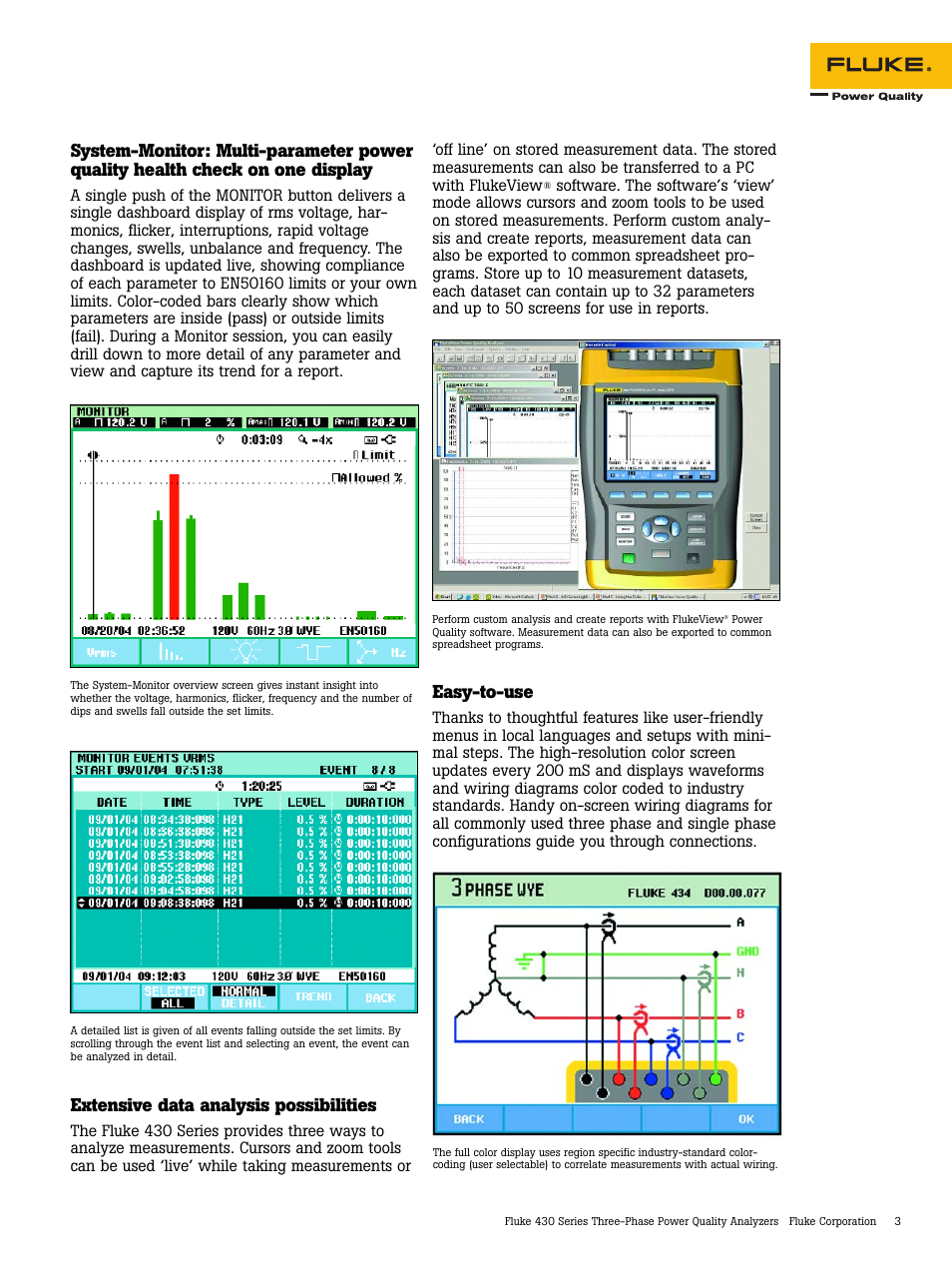 Extensive data analysis possibilities, Easy-to-use | Fluke 430 Series User Manual | Page 3 / 8