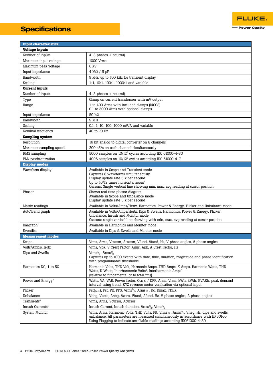 Specifications | Fluke 430 Series User Manual | Page 4 / 8