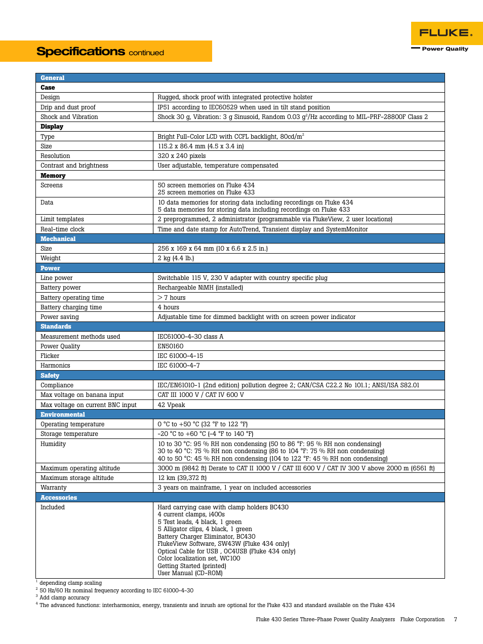 Specifications | Fluke 430 Series User Manual | Page 7 / 8