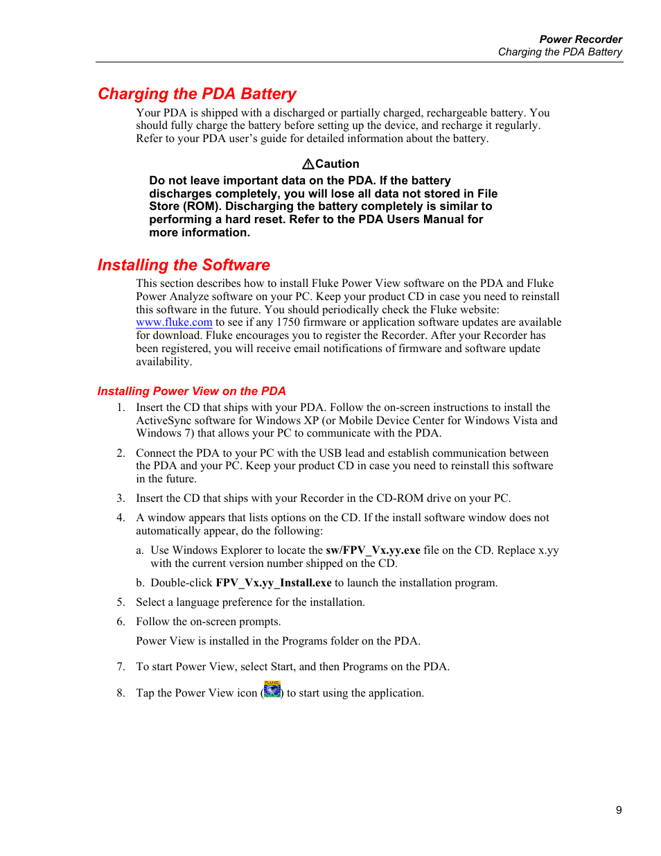 Charging the pda battery, Installing the software, Installing power view on the pda | Fluke 1750 User Manual | Page 17 / 60