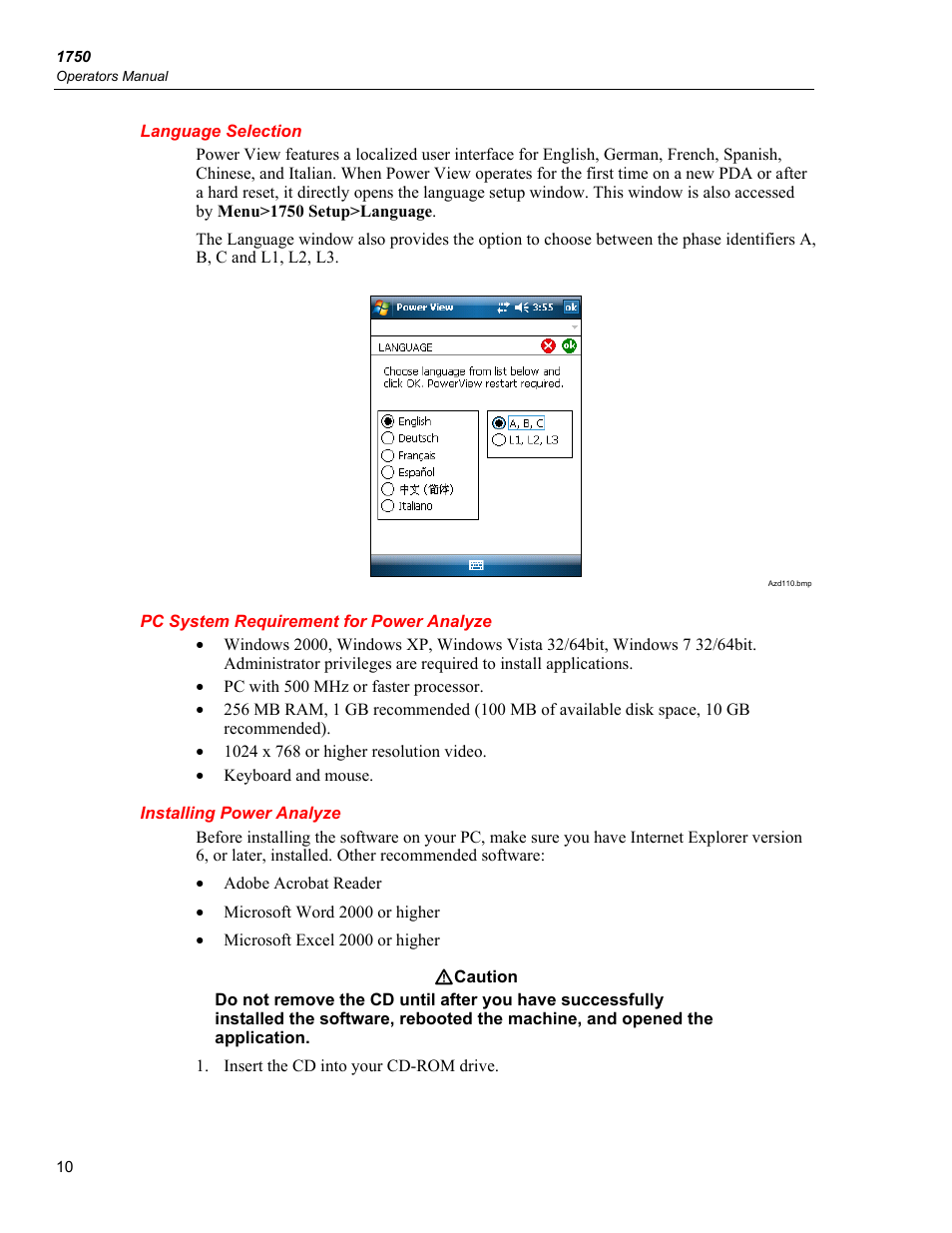 Language selection, Pc system requirement for power analyze, Installing power analyze | Fluke 1750 User Manual | Page 18 / 60