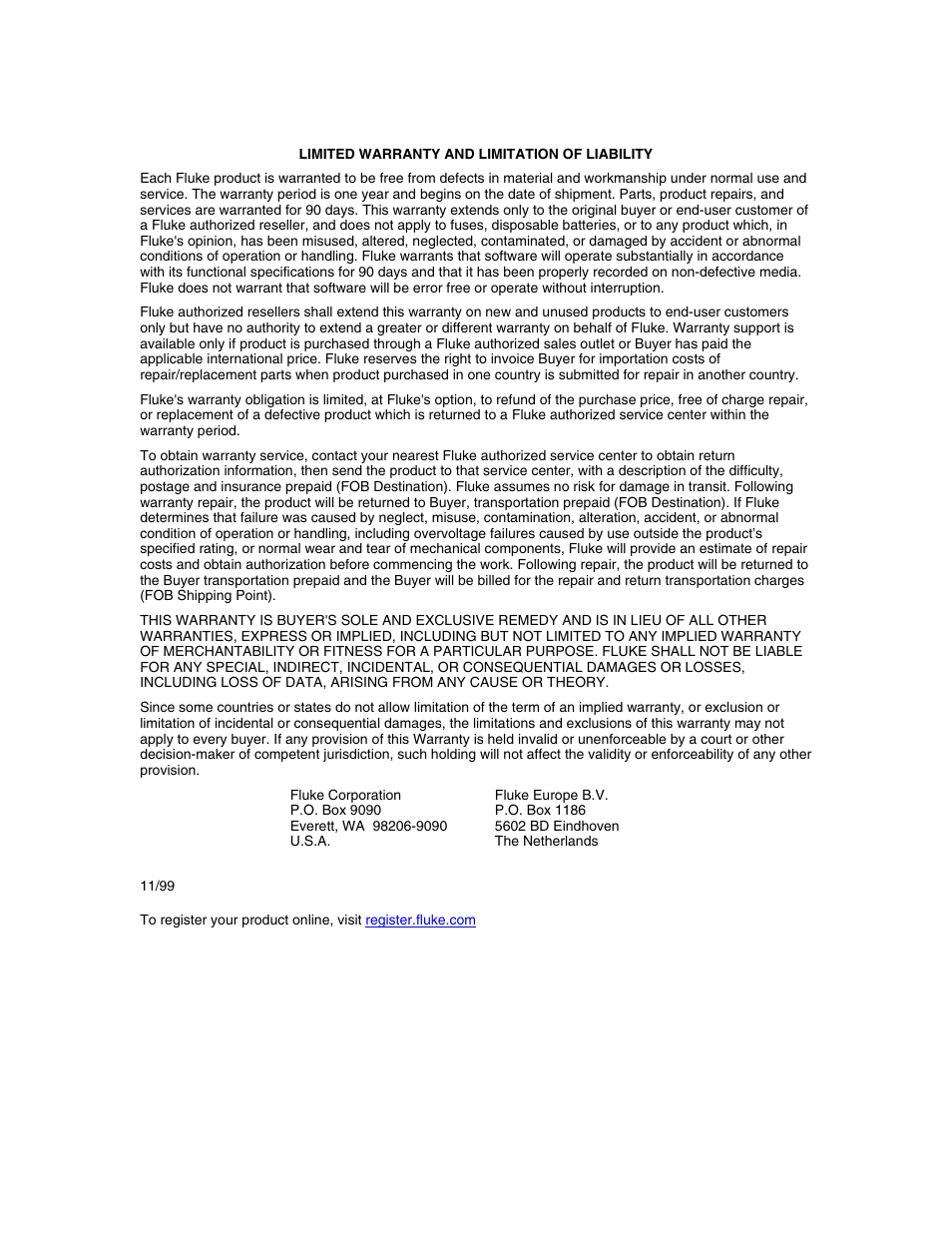 Limited warranty and limitation of liability | Fluke 1750 User Manual | Page 2 / 60