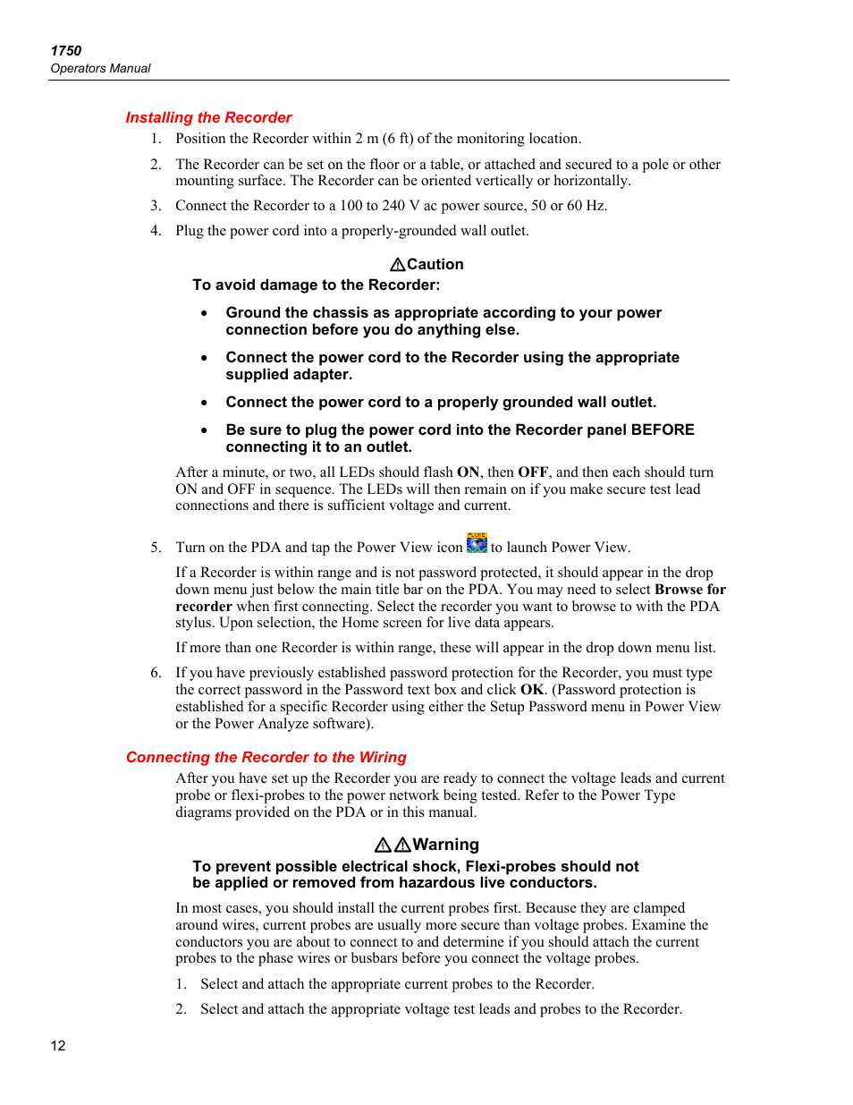Installing the recorder, Connecting the recorder to the wiring | Fluke 1750 User Manual | Page 20 / 60