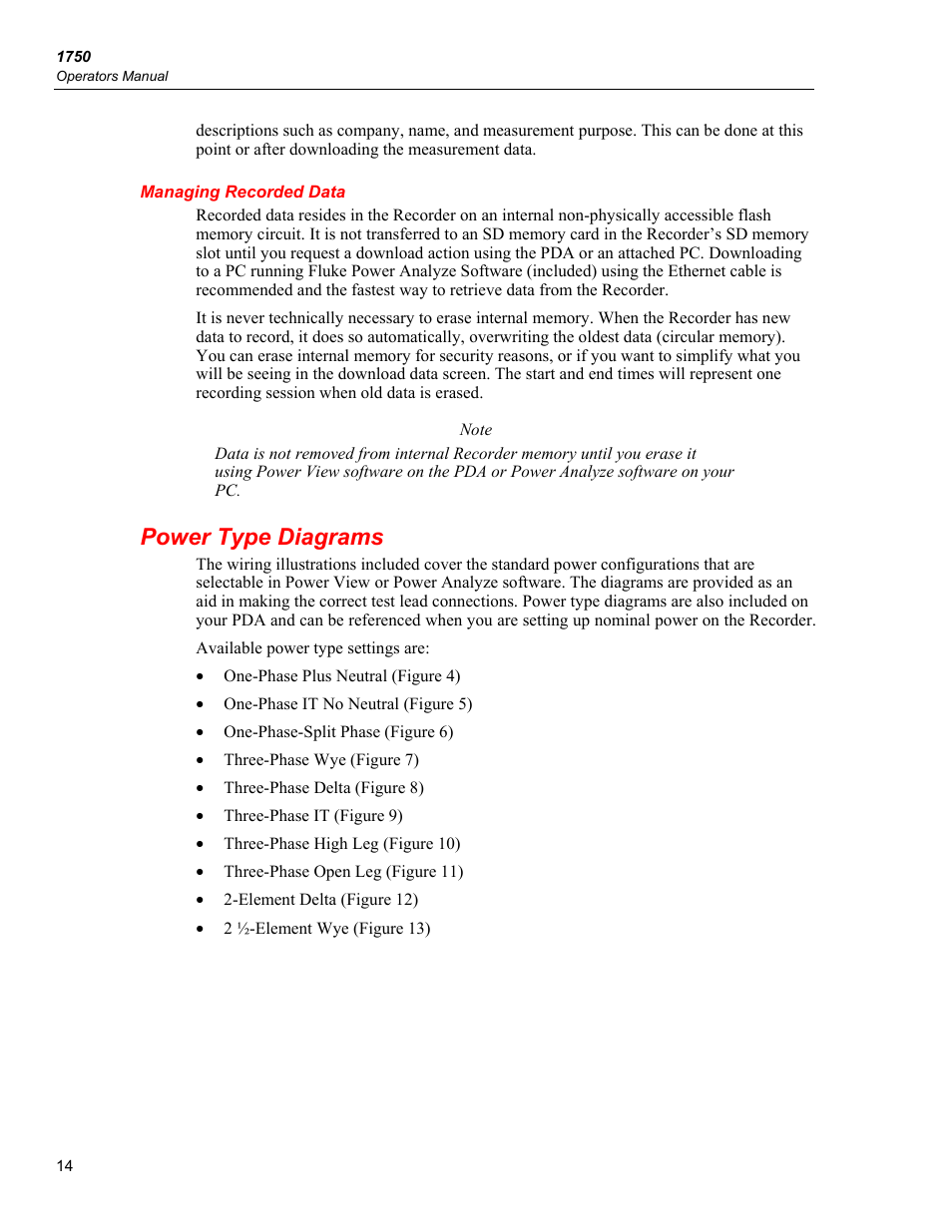 Managing recorded data, Power type diagrams | Fluke 1750 User Manual | Page 22 / 60