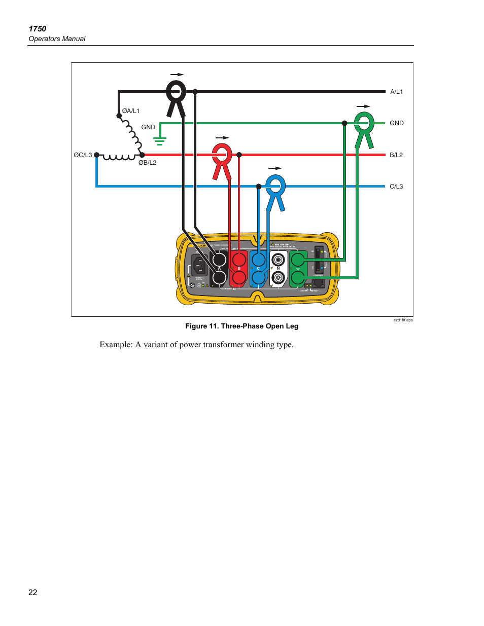 Operators manual, Figure 11. three-phase open leg | Fluke 1750 User Manual | Page 30 / 60
