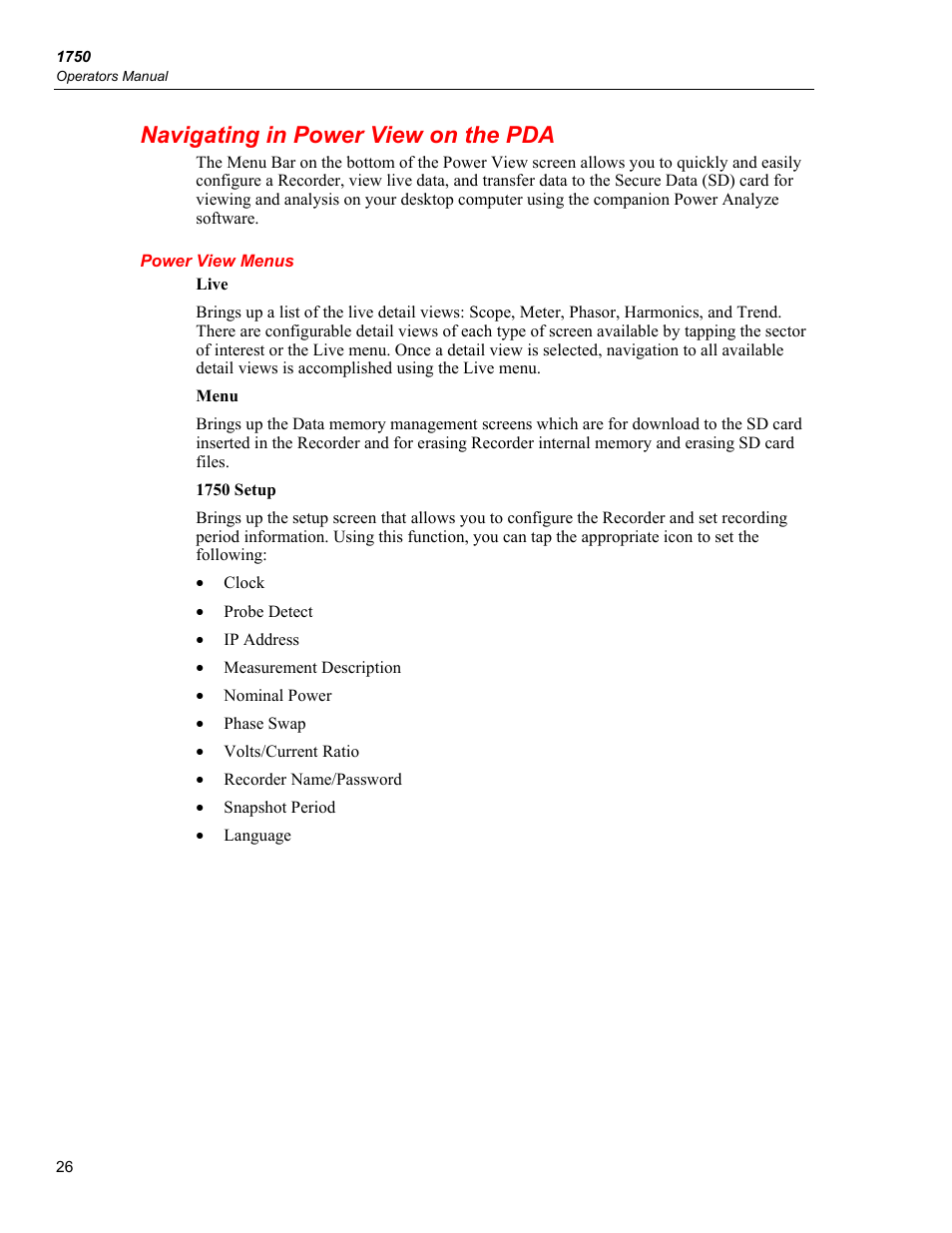 Navigating in power view on the pda, Power view menus | Fluke 1750 User Manual | Page 34 / 60