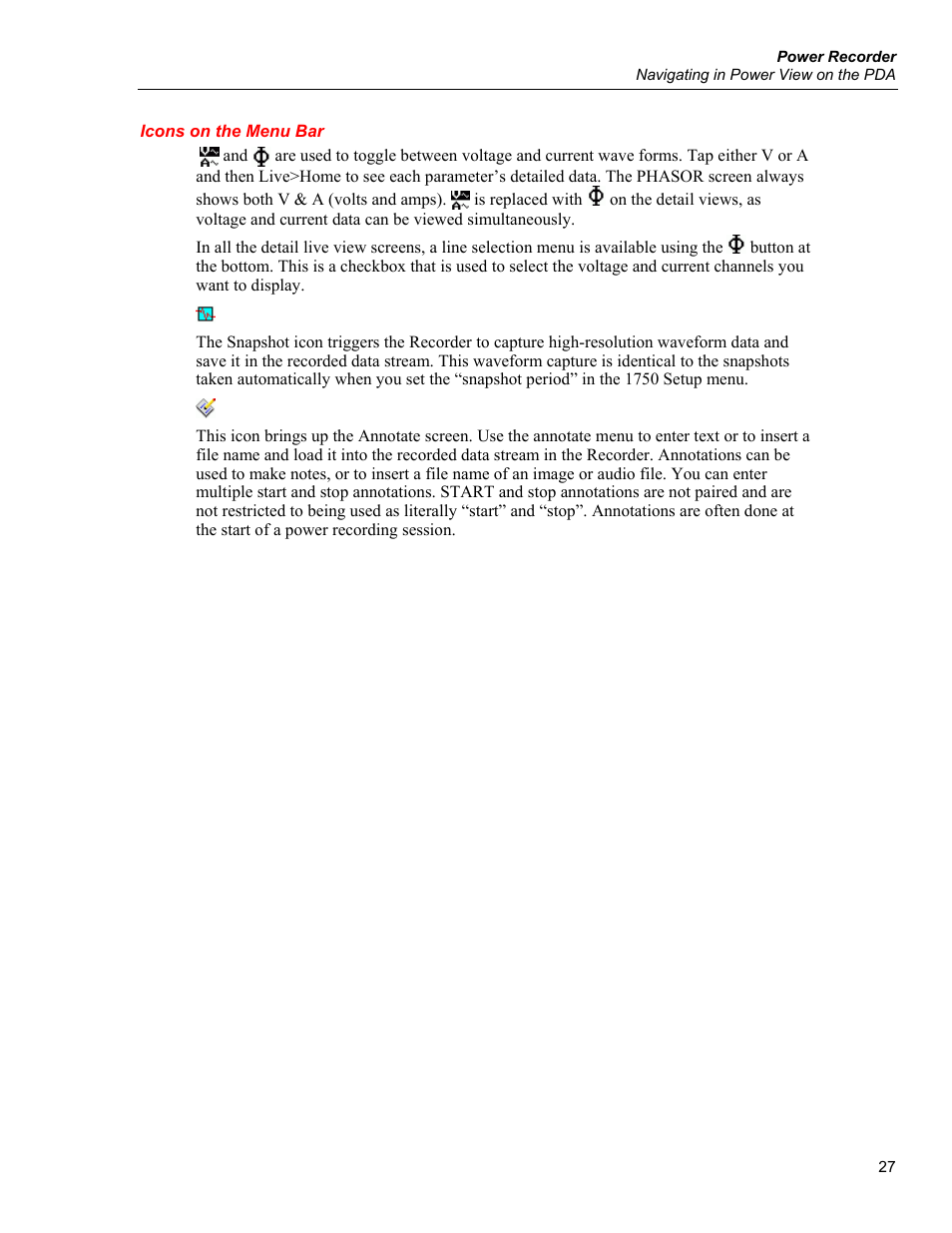 Icons on the menu bar | Fluke 1750 User Manual | Page 35 / 60