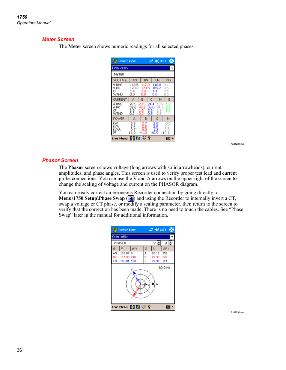 Meter screen, Phasor screen | Fluke 1750 User Manual | Page 44 / 60