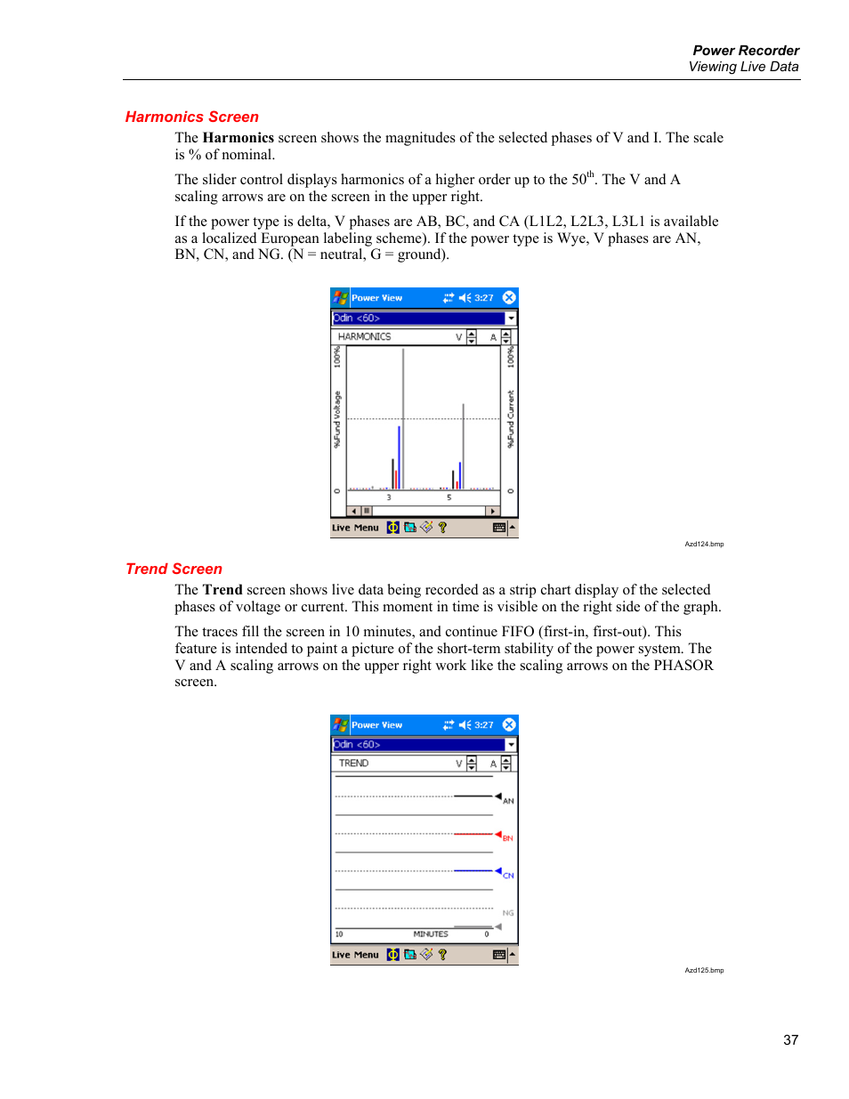 Harmonics screen, Trend screen | Fluke 1750 User Manual | Page 45 / 60