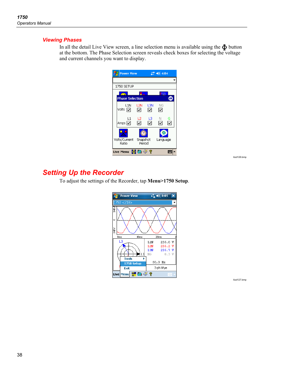 Viewing phases, Setting up the recorder | Fluke 1750 User Manual | Page 46 / 60