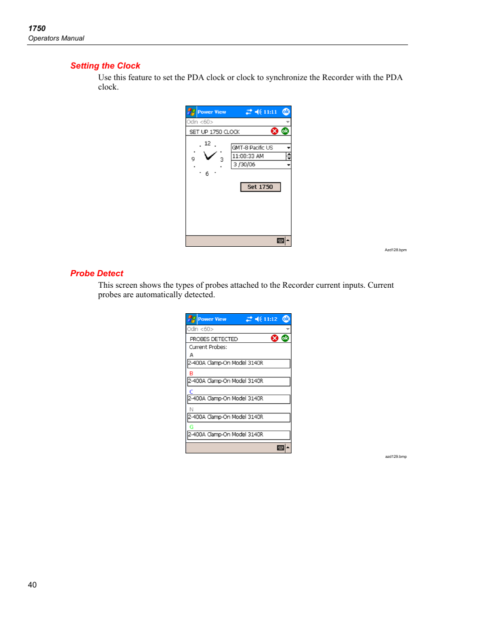 Setting the clock, Probe detect | Fluke 1750 User Manual | Page 48 / 60