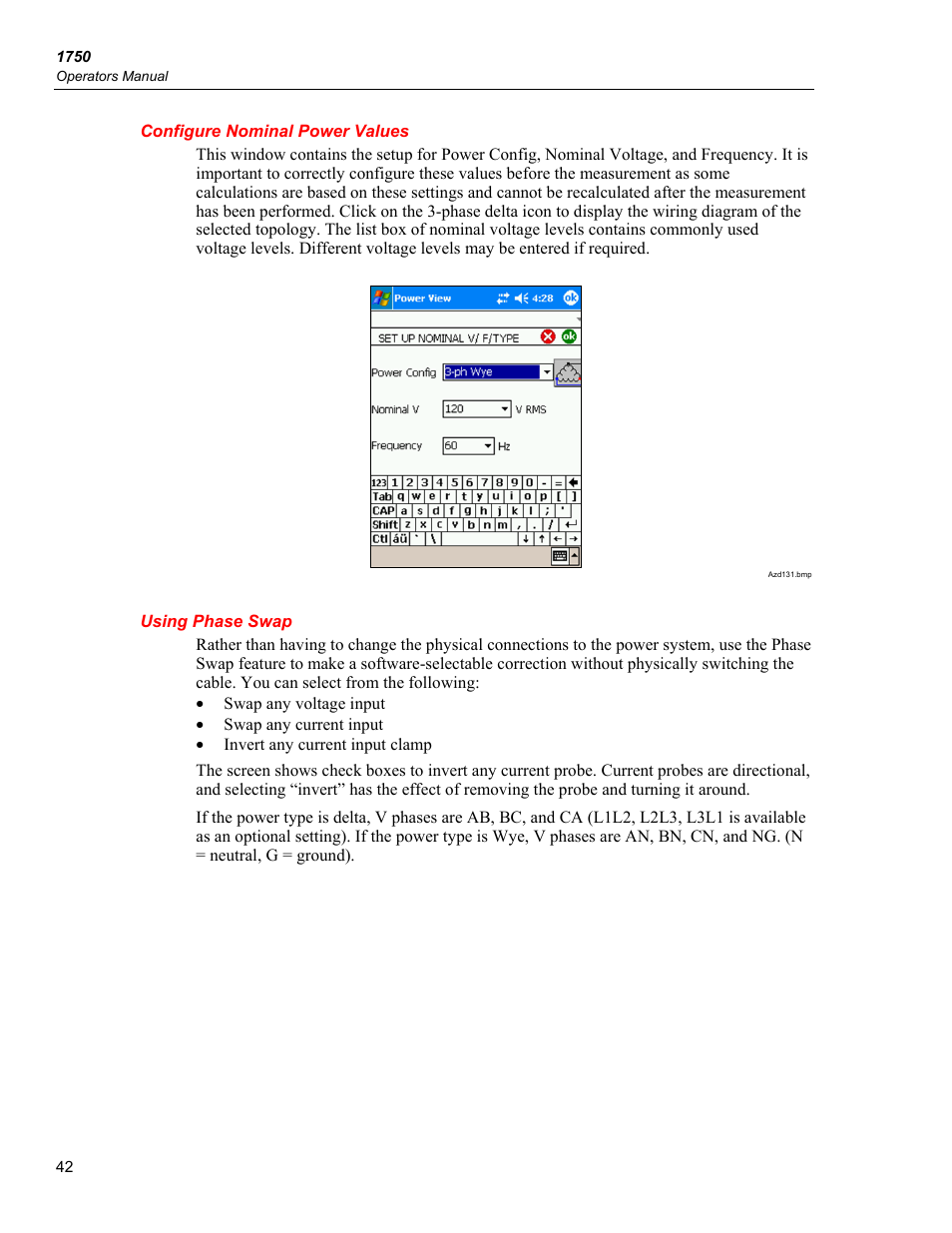 Configure nominal power values, Using phase swap | Fluke 1750 User Manual | Page 50 / 60