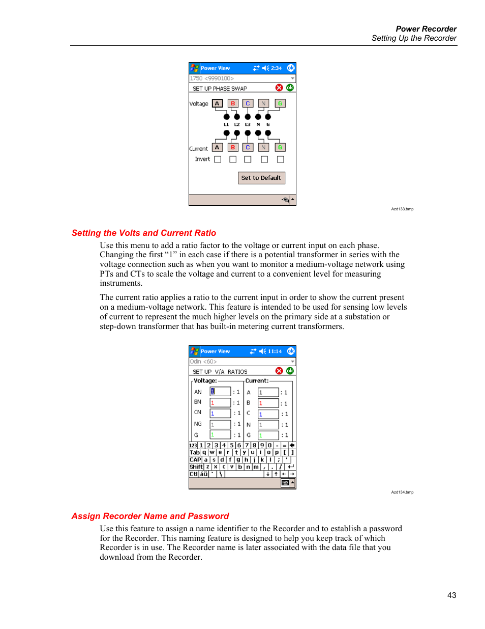 Setting the volts and current ratio, Assign recorder name and password | Fluke 1750 User Manual | Page 51 / 60